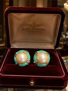 Donald Stannard Vintage Pearl Teal  & Gold Enamel earrings Janis Paige Estate